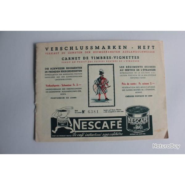 Carnet de timbres vignettes Nescaf rgiments suisse service tranger