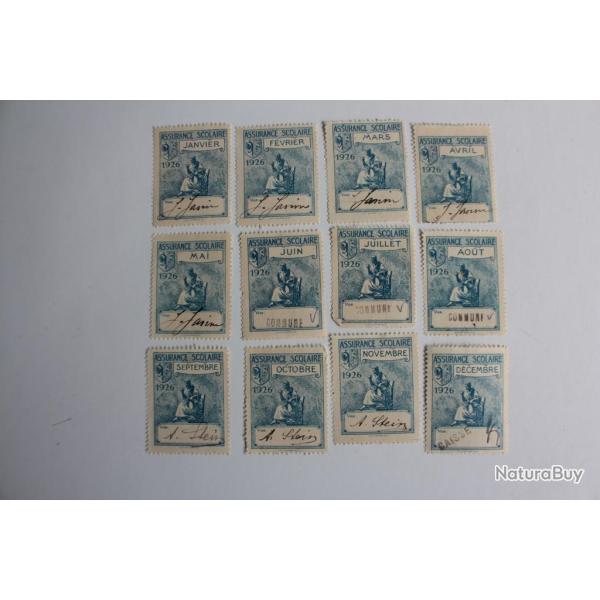 12 Vignettes Assurance scolaire 1926 complet