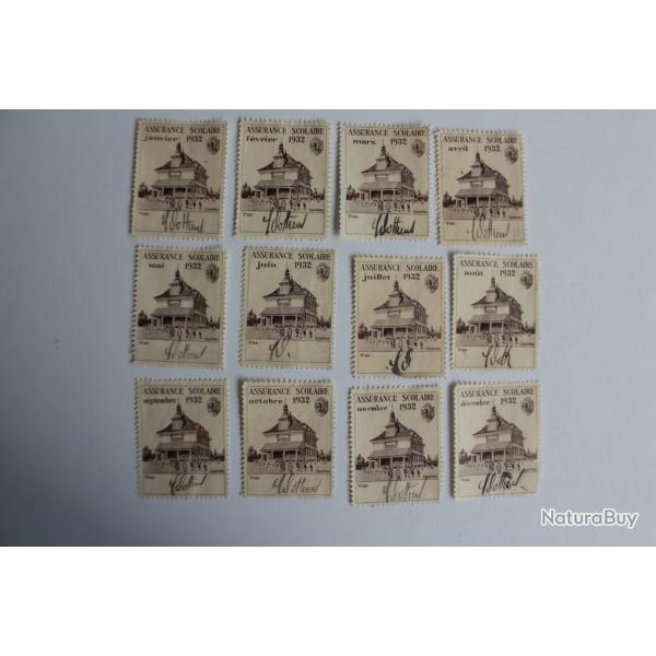 12 Vignettes Assurance scolaire 1932 complet