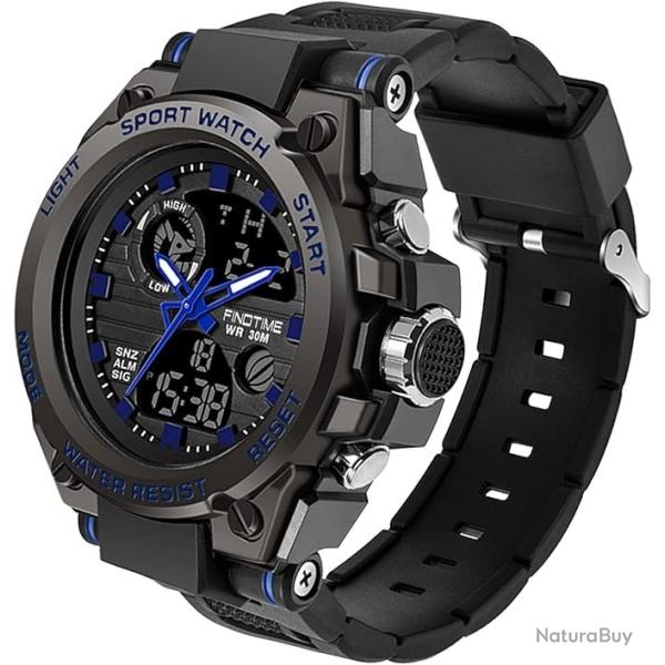 Montre Militaire Tactique Homme Double Affichage Analogique/Numrique Etanche Multifonction Bleu/Noi