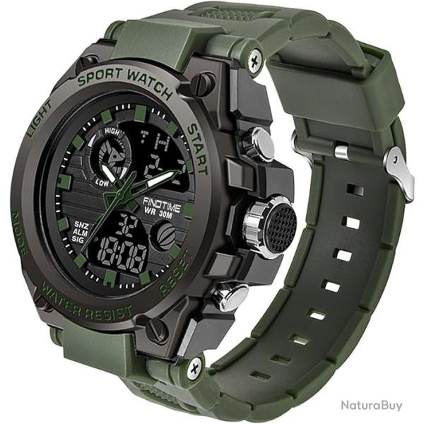 Montre Militaire Tactique Homme Double Affichage Analogique/Num�rique Etanche MultifonctionVert