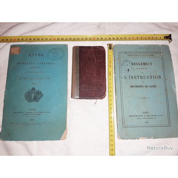 3 livres Etude Tourelles Cuirasses 1875, L'instruction Gnie 1885 et Vade Mecum de l'Ingnieur