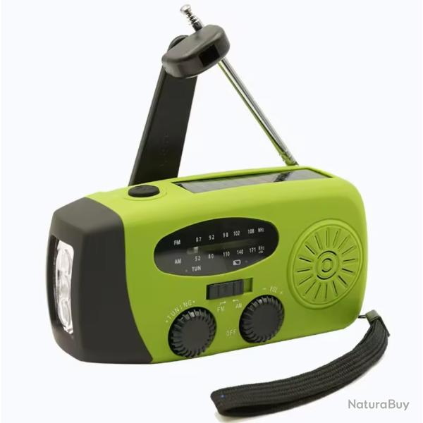 Radio Mto Multifonctionnelle Solaire  Manivelle FM AM WB NOAA 2000mAh Lampe de Poche Vert