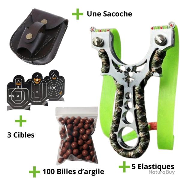 Lance-Pierre en M�tal Phoenix Camouflage + 100 Billes d'Argiles + 5 �lastiques + Sacoche + 3 Cibles