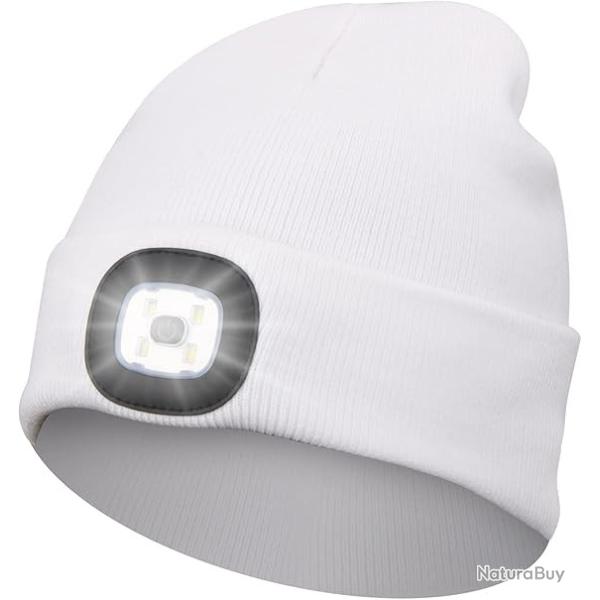BONNET CHAUD AVEC LAMPE FRONTALE RECHARGEABLE - BLANC - LIVRAISON GRATUITE