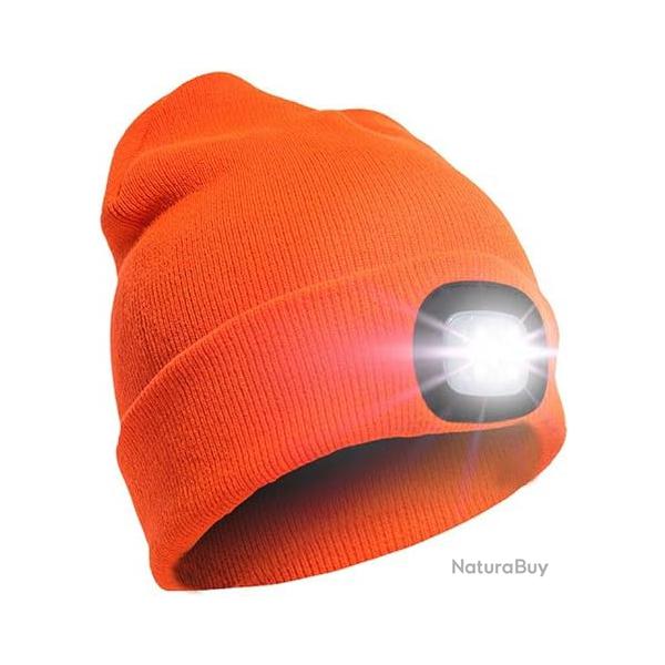 BONNET CHAUD AVEC LAMPE FRONTALE RECHARGEABLE - ORANGE - LIVRAISON GRATUITE