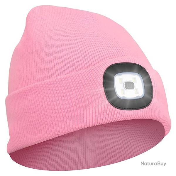 BONNET CHAUD AVEC LAMPE FRONTALE RECHARGEABLE - ROSE - LIVRAISON GRATUITE
