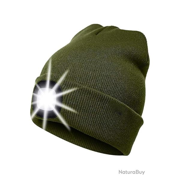 BONNET CHAUD + LAMPE FRONTALE USB - VERT ARM�E- LIVRAISON GRATUITE