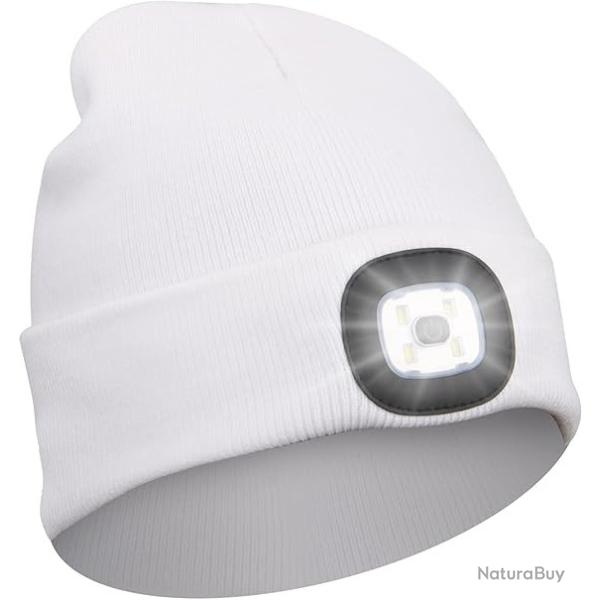 BONNET CHAUD AVEC LAMPE FRONTALE RECHARGEABLE - BLANC - LIVRAISON GRATUITE
