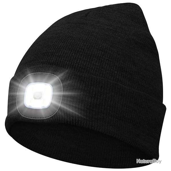 BONNET CHAUD AVEC LAMPE FRONTALE RECHARGEABLE - NOIR - LIVRAISON GRATUITE