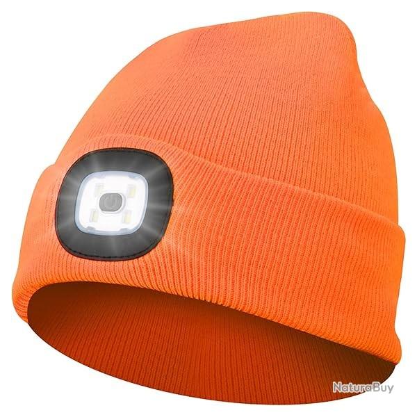 BONNET CHAUD AVEC LAMPE FRONTALE RECHARGEABLE - ORANGE - LIVRAISON GRATUITE