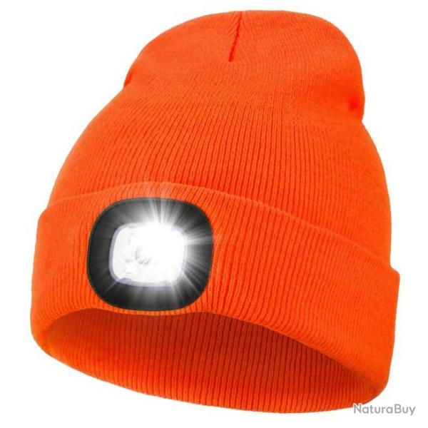 BONNET CHAUD AVEC LAMPE FRONTALE RECHARGEABLE - ORANGE - LIVRAISON GRATUITE