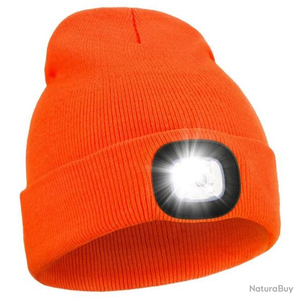 BONNET CHAUD AVEC LAMPE FRONTALE RECHARGEABLE - ORANGE - LIVRAISON GRATUITE