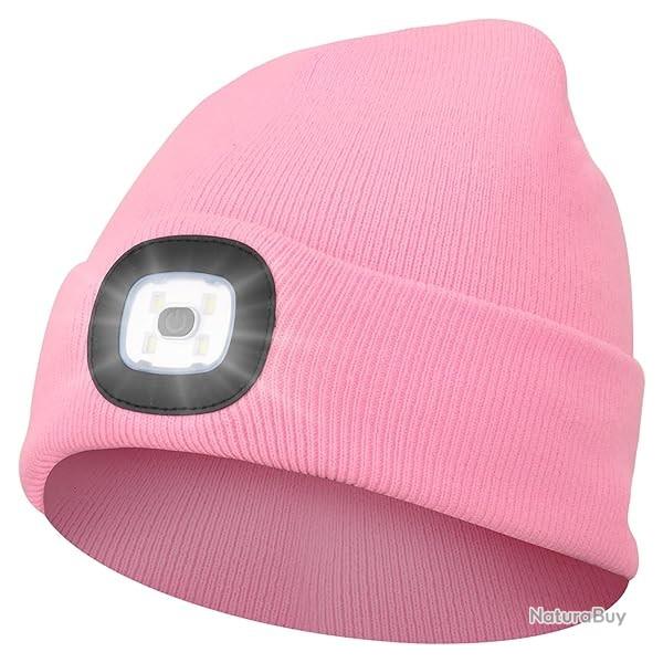 BONNET CHAUD AVEC LAMPE FRONTALE RECHARGEABLE - ROSE - LIVRAISON GRATUITE