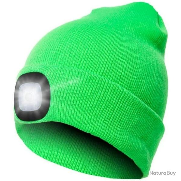 BONNET CHAUD AVEC LAMPE FRONTALE RECHARGEABLE - VERT - LIVRAISON GRATUITE