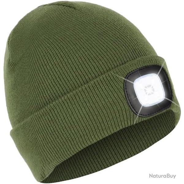 BONNET CHAUD AVEC LAMPE FRONTALE RECHARGEABLE - VERT ARM�E- LIVRAISON GRATUITE