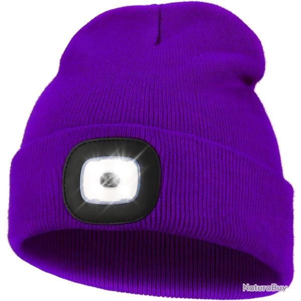 BONNET CHAUD AVEC LAMPE FRONTALE RECHARGEABLE - VIOLET - LIVRAISON GRATUITE