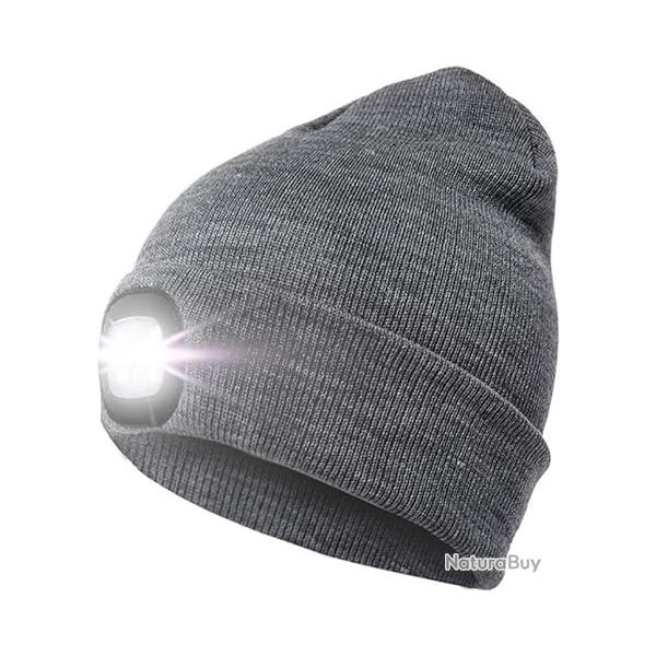 BONNET CHAUD + LAMPE FRONTALE USB - GRIS - LIVRAISON GRATUITE