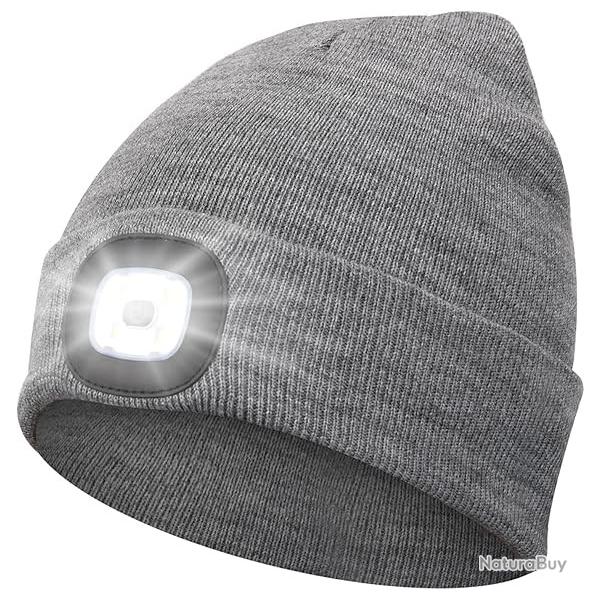 BONNET CHAUD + LAMPE FRONTALE USB - GRIS - LIVRAISON GRATUITE