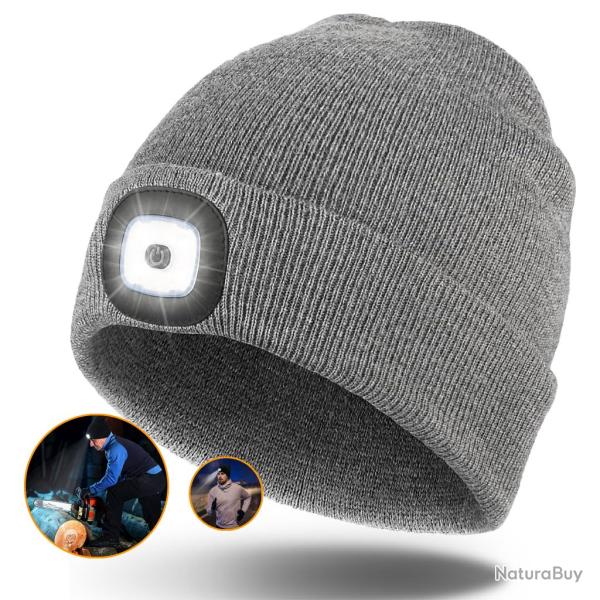 BONNET CHAUD + LAMPE FRONTALE USB - GRIS - LIVRAISON GRATUITE