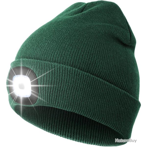 BONNET CHAUD + LAMPE FRONTALE USB - VERT FONC - LIVRAISON GRATUITE