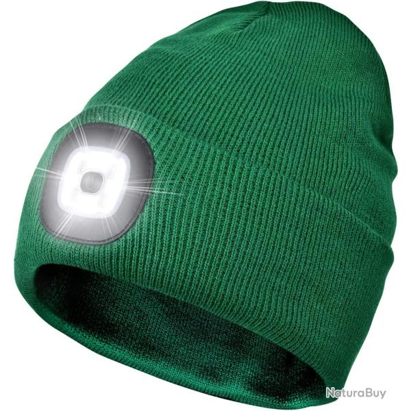 BONNET CHAUD + LAMPE FRONTALE USB - VERT FONC� - LIVRAISON GRATUITE