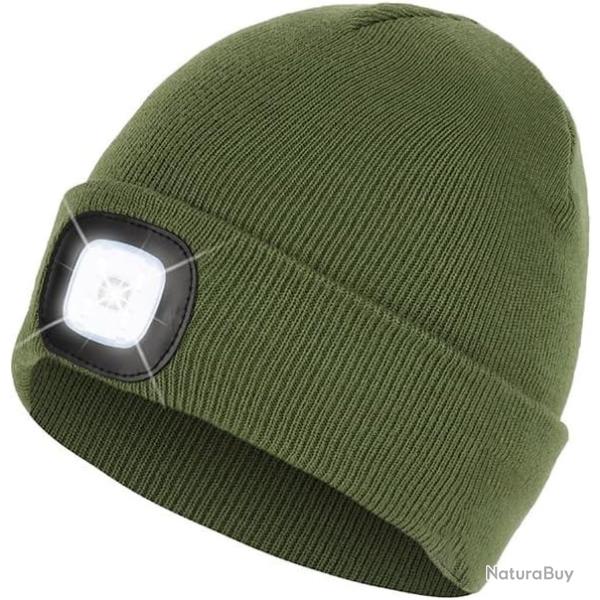 BONNET CHAUD + LAMPE FRONTALE USB - VERT ARM�E- LIVRAISON GRATUITE