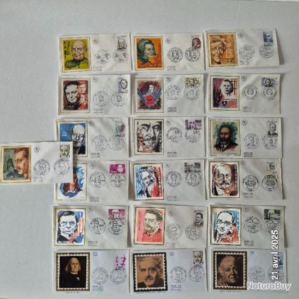 Lot de 19 enveloppes premier jour, philat�lie, personnages c�l�bres, Machault, Bachelard,
