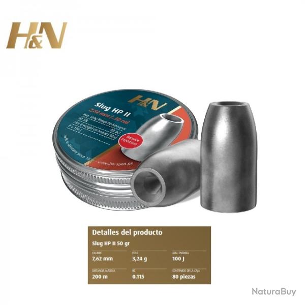 Plombs H&N Slug HP II cal. 7,62 mm / .301'' - Bote de 80 plombs de 3,24 gr. ( 3 units )