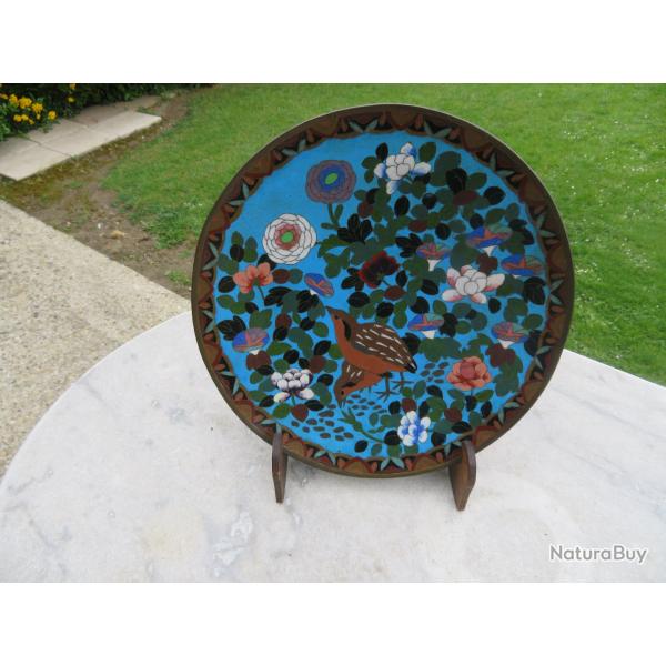 Ancien grand plat circulaire en �maux cloisonn�s polychromes a d�cor de volatiles - JAPON (Vers 1900