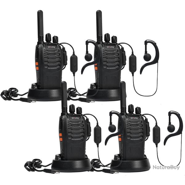 Talkie Walkie 4pcs 16 Canaux PMR446 Sans Licence Lampe de Poche LED Casque  Chargeur USB