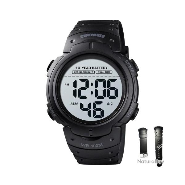 Montre Homme Sport Digitale 100M �tanche Chrono Alarme 2 Temps LED Batterie 10 ans R�sistante Noir
