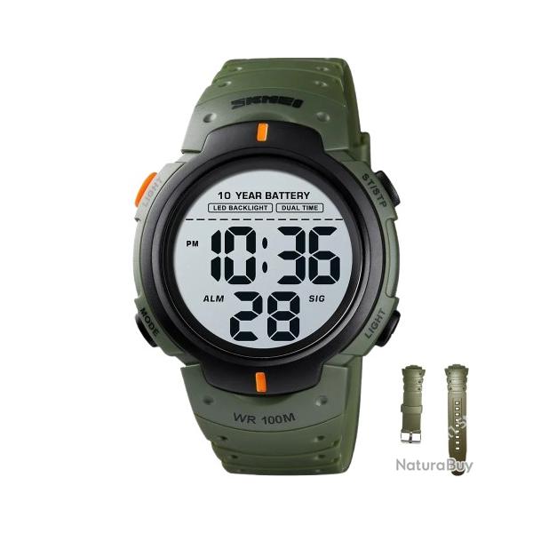 Montre Homme Sport Digitale 100M �tanche Chrono Alarme 2 Temps LED Batterie 10 ans R�sistante Vert