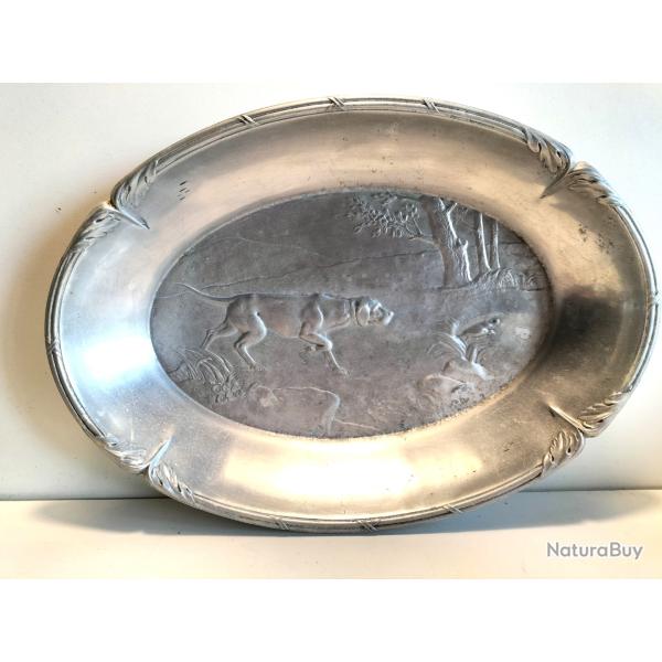 PLAT ALU CORBEILLE A PAIN VINTAGE 50's SCENE DE CHASSE / CHIEN POINTER