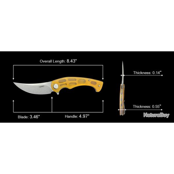 Couteau Kubey Scimitar Ultem Lame Trailing Point Acier 14C28N KIVT Linerlock KUB173G