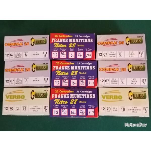 Lot 225 cartouches cal 12 28 gr : 7 1/2 Nick , 7 1/2  bourre jupe , 9 et 7 1/2 durci bourre grasse