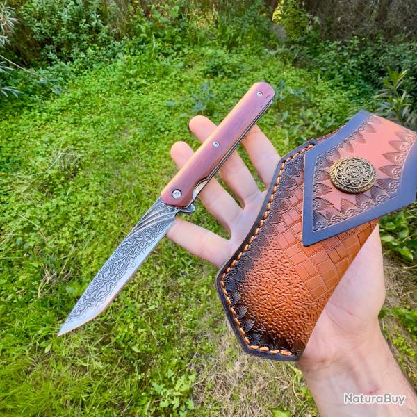 Couteau pliant acier damas avec �tui collection survie camping #298