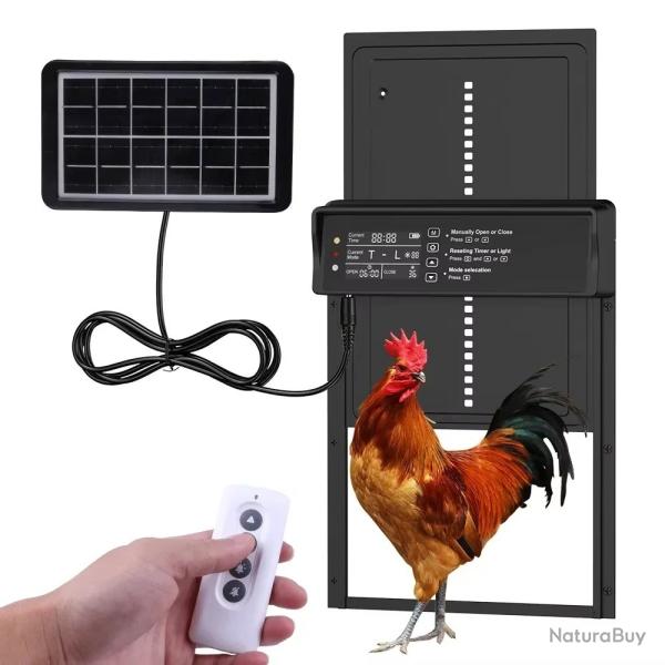 PORTE DE POULAILLER AUTOMATIQUE SOLAIRE DETECTEUR POULES COQ 4 MODES MINUTERIES NEUF
