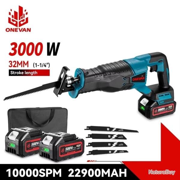 SCIE SABRE ELECTRIQUE SANS FIL AVEC 2 BATTERIES 4 LAMES ET HOUSSE DE RANGEMENT 3000W