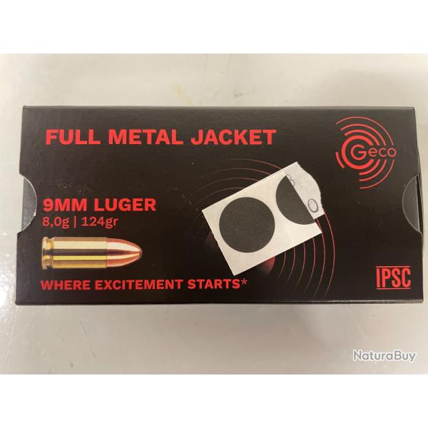 GECO 9 MM LUGER 8G/124GR BOITE DE 50 BALLES  VENDU PAR 4 BOITES FRAIS DE PORT OFFERT