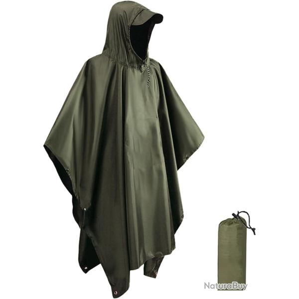 Poncho Pluie 3-en-1 Imperm�able Unisexe Tapis Camping Pare-Soleil Chasse L�ger et Compact Vert