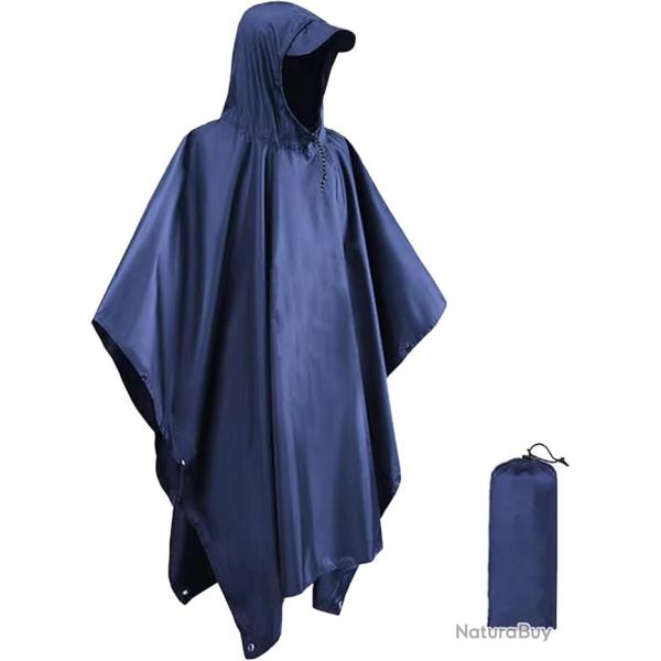 Poncho Pluie 3-en-1 Imperm�able Unisexe Tapis Camping Pare-Soleil Chasse L�ger et Compact Bleu