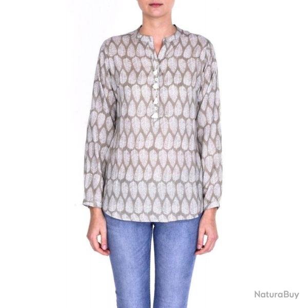 Chemise femme modal col mao boutons pompon beige S-M (small medium)