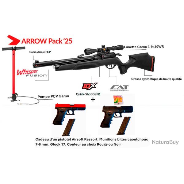 PACK-CADEAU ! Pack-11 Carabine Arrow Gamo 4,5 mm + Cadeau pistolet Airsoft Ressort Glock 17, 7-8 mm