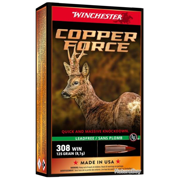 BOITE DE 20 CARTOUCHES WINCHESTER CAL.308WIN COPPER FORCE LEAD 125GR - OGIVE SANS PLOMB