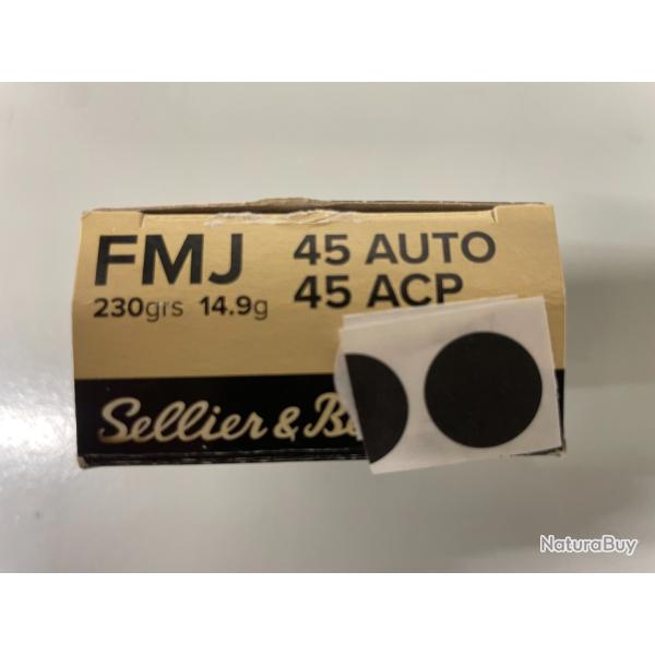 SELLIER BELLOT 45 ACP 14.9G/230GR FMJ BOITE DE 50 BALLES  VENDU PAR 6 BOITES FRAIS DE PORT OFFERT