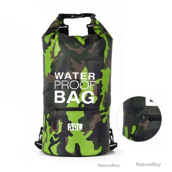 SAC � DOS �TANCHE 30L + POCHE EXTERNE ZIP - DRY BAG - VERT - LIVRAISON GRATUITE