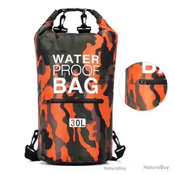 SAC � DOS �TANCHE 30L + POCHE EXTERNE ZIP - DRY BAG - ORANGE - LIVRAISON GRATUITE