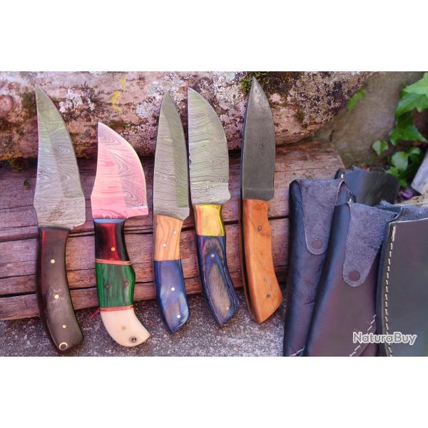 LOT DE 5 Couteau Skinner Damas Lame Acier 256 Couches Manche Bois Etui Simili Cuir Fabr Artisanale
