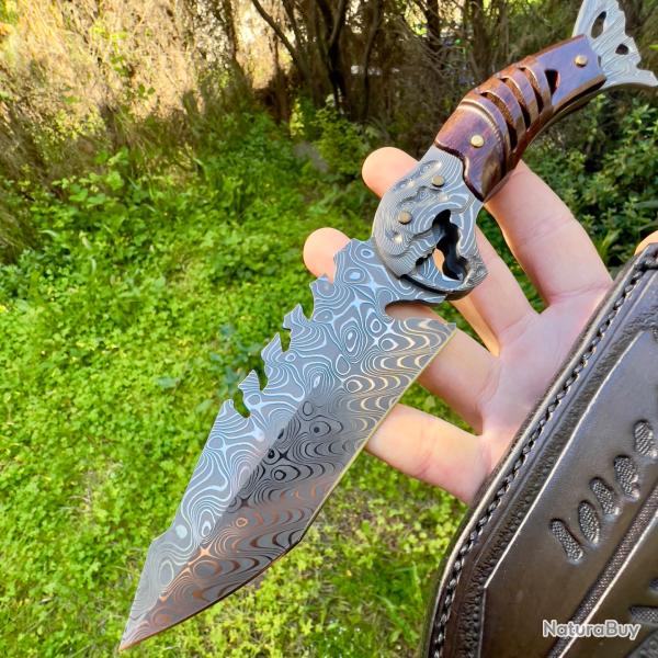 Couteau artisanal poisson lame acier damas bois de fer tui cuir #299